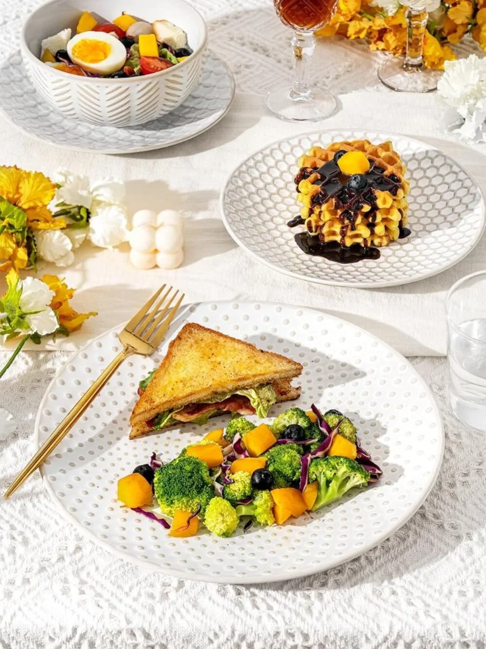 FOBENTA 12-Piece Stoneware Dinnerware Set for 4, Embossed Plates & Bowls